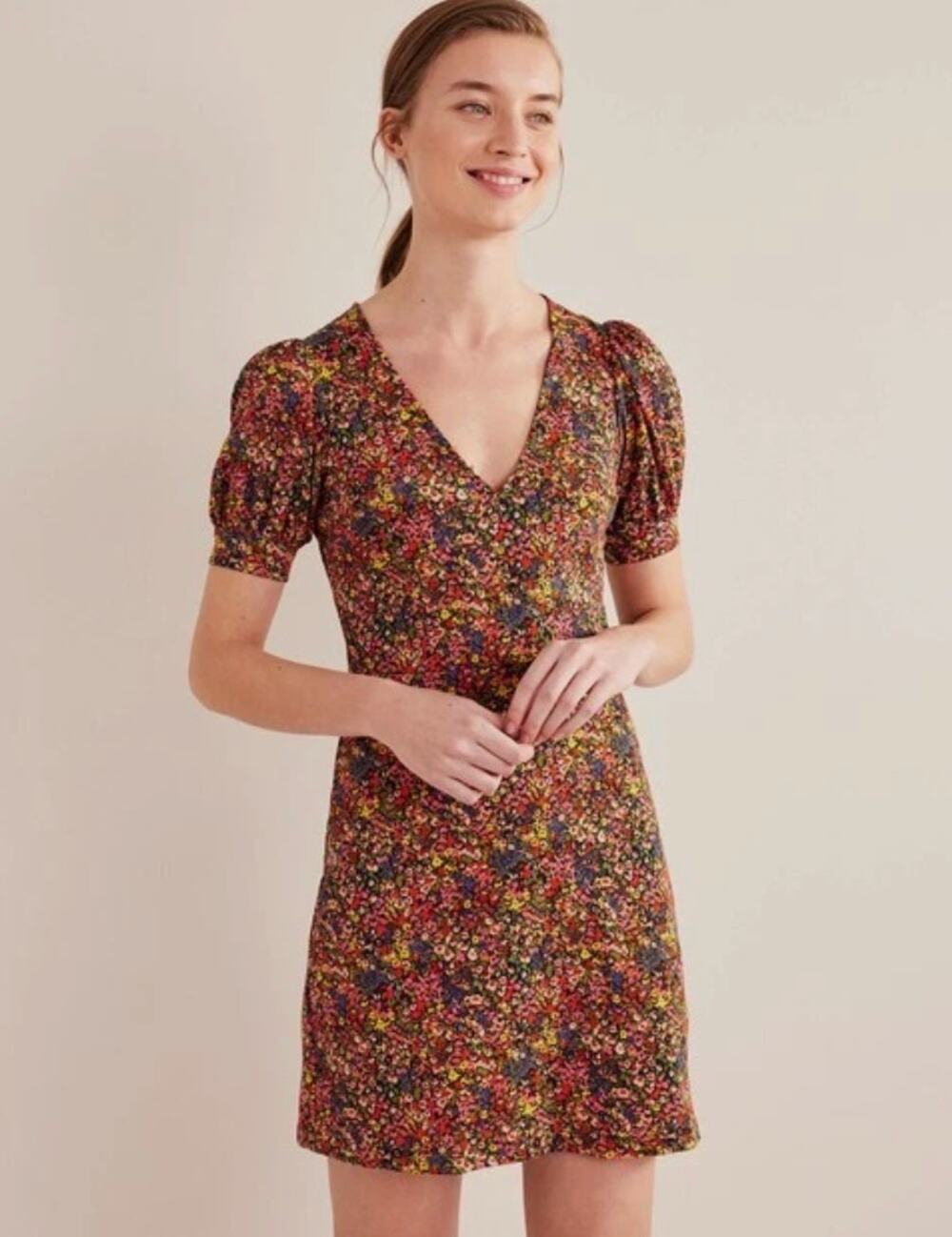 Boden Floral Puff Sleeve V-Neck Mini Dress 8P